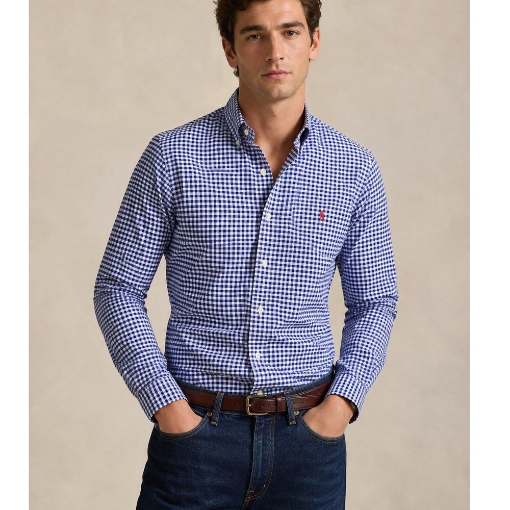 Ralph Lauren Mens Slim Fit Gingham Oxford Button Down Shirt Blue White Medium